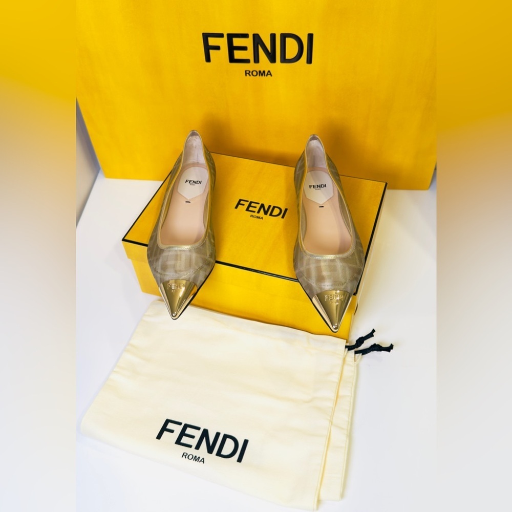 Fendi Colibri FF Mesh Ballerina Flats Gold Pointed Logo Engraved Metal Size 37 - Picture 14 of 15